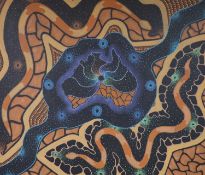 First Nation Aboriginal School in the Nukunu manner, oil on canvas, 'Snake and river', 58 x 67cm
