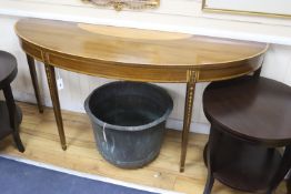 A reproduction Sheraton style inlaid mahogany D shaped console table, width 172cm, depth 48cm,