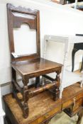 A late 17th century oak back stool, length 46cm, depth 35cm, height 96cm