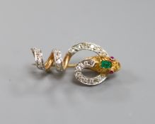 A Victorian yellow metal, emerald, ruby and rose cut diamond set serpent brooch, 25mm, gross