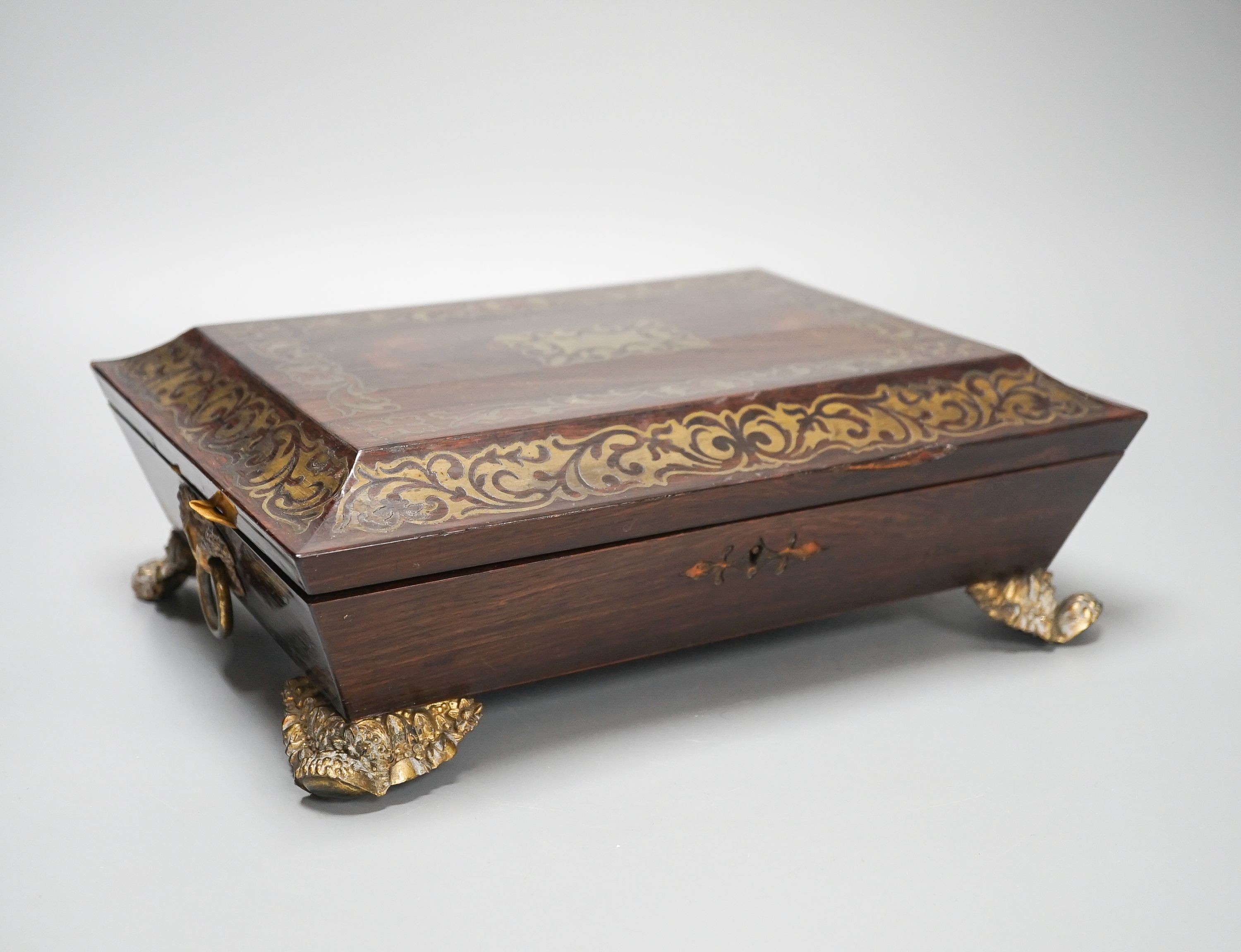 A William IV cut brass inlaid rosewood games box 30.5cm, containing Reynolds & Sons woodblock and - Image 16 of 23