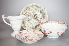 Two 18th century Chinese export porcelain bowls, a 19th century canton decorated dish, 19.5cm and