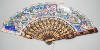 A Chinese export gilt decorated lacquer fan and box, mid 19th century, the appliqué work paper fan
