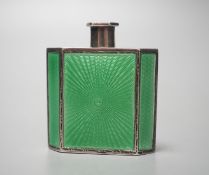 A 1930's silver and green enamel scent flask, bu Mappin & Webb, 45mm.