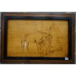 Three Arts & Crafts pokerwork beech panels by G. C. Barrett 1882, 'The cat that didn't get the