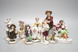 A collection of German porcelain figures, two by Sitzendorf, tallest 15.5 cm