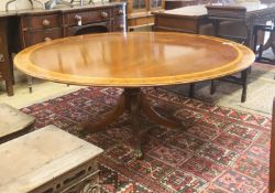 A William Tillman style satinwood banded circular mahogany breakfast table, diameter 184cm, height