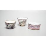 Two 18th century Chinese Canton enamel cups, and a 19th century Canton enamel oval snuff box, 5.8cm