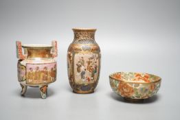 Three Japanese Meiji Satsuma wares - a vase, 22.5cm, a koro and a bowl,