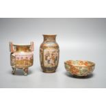 Three Japanese Meiji Satsuma wares - a vase, 22.5cm, a koro and a bowl,