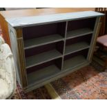 A blue painted pine open bookcase, width 120cm, depth 24cm, height 83cm