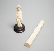 A Chinese export carved ivory bodkin case, 16cm, and a Japanese ivory figure of a geisha