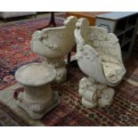 A pair of reconstituted stone tub framed garden chairs, width 55cm, depth 42cm, height 84cm together