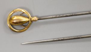 A pair of Charles Horner 9ct gold mounted hat pins, 16.6cm.