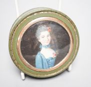 An early 19th century portrait miniature inset green japanned box, 8.3cm diameter
