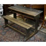 A vintage oak double student's desk, width 105cm, depth 65cm, height 67cm