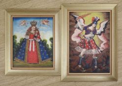 Cuzco School, two oils on board, Saint and the devil and Portrait of a Queen, 30 x 20cm and 24 x