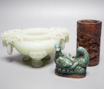 A Chinese bowenite jade tripod censer, 17cm wide, a Chinese green glazed ‘duck’ water dropper and