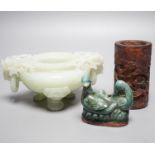 A Chinese bowenite jade tripod censer, 17cm wide, a Chinese green glazed ‘duck’ water dropper and