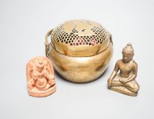 A bronze hand warmer with Xuande mark, 10 cm wide and two Himalayan Buddhist figures, tallest 6.8 cm