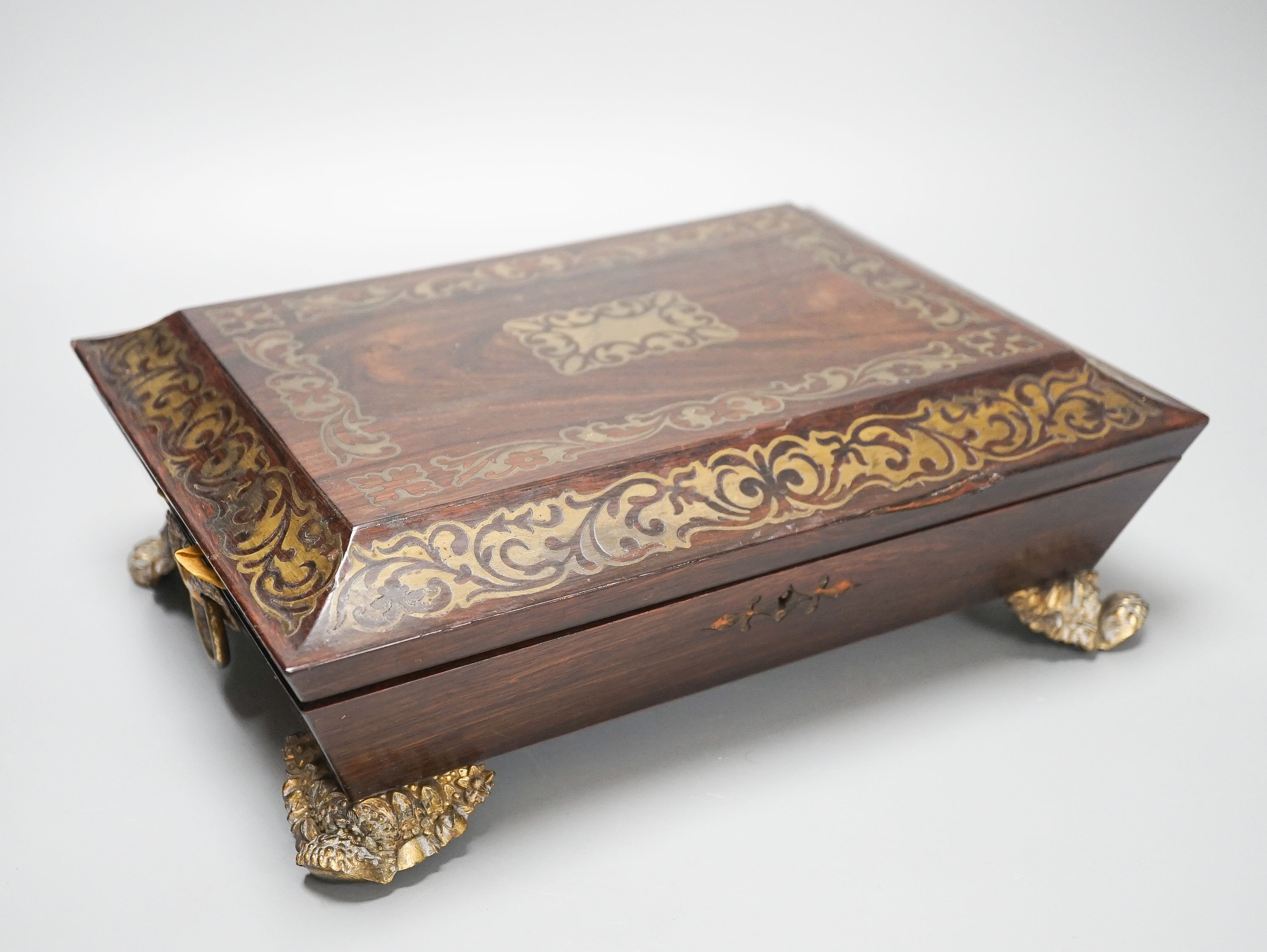 A William IV cut brass inlaid rosewood games box 30.5cm, containing Reynolds & Sons woodblock and - Image 15 of 23