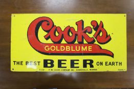 An American double sided enamel advertising sign "Cook's Goldblume Beer", 71 x 36cm
