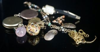 A group of mixed jewellery a pair of 10ct cufflinks, assorted fobs, a 9ct ropetwist chain(a.f.), a