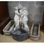 A reconstituted stone garden ornament, the Three Graces, height 84cm together with three planters