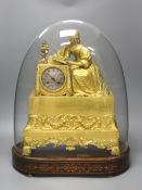 A 19th century French ormolu mantel clock (lacking pendulum), under glass dome and marquetry