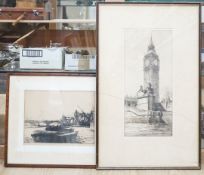 Johnstone Baird (1880-1935), etching, View of Big Ben, signed, 44 x 20cm and a John Goodchild