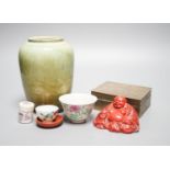 Assorted Chinese ceramics, a lacquered composition figure of Budai and a brass box, 10.3cm