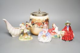 A series ware Doulton biscuit barrel , three Doulton figures, Monica HN1967, Home Again HN2167,