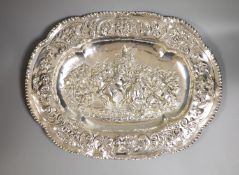 A silver and enamelled mounted glass powder jar, two pierced silver dishes and a cased pair of