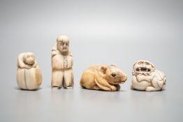 A 19th century ivory netsuke of a rat, horn inset eyes, 5.2cm, two other ivory netsuke and a stag