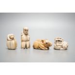 A 19th century ivory netsuke of a rat, horn inset eyes, 5.2cm, two other ivory netsuke and a stag