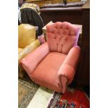 An early 20th century French armchair re-upholstered in pink dralon, width 86cm, depth 84cm,