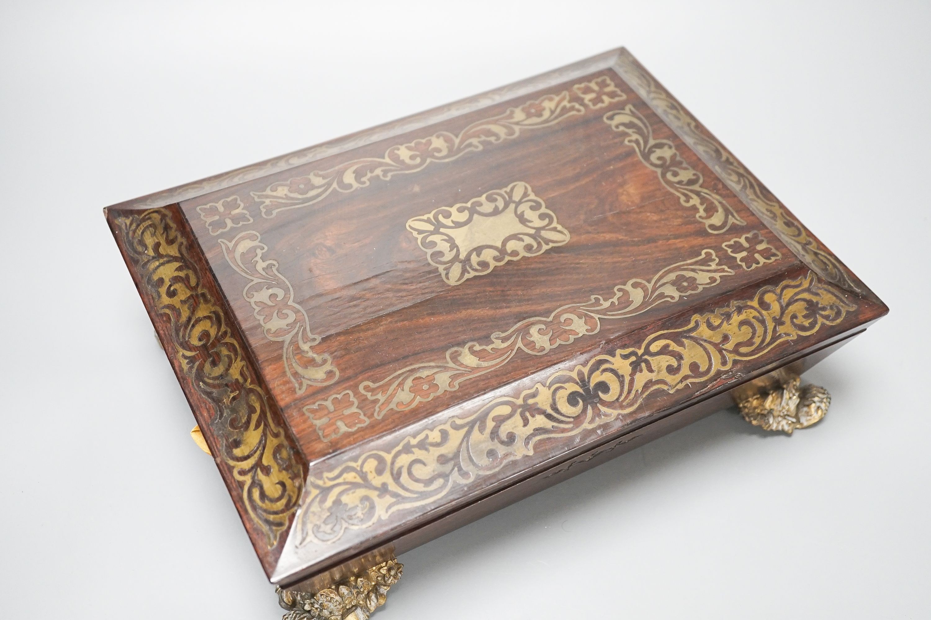 A William IV cut brass inlaid rosewood games box 30.5cm, containing Reynolds & Sons woodblock and - Image 3 of 23