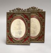 A pair of simulated scrimshaw panels, Victory and Foudroyant, in frames
