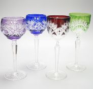 Two harlequin sets of six cut and colour flashed Hock glasses, tallest 21 cm(12)