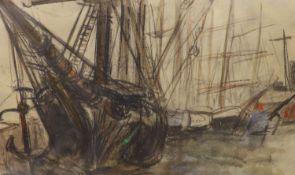 P.M. Lacroix, pastel, Study of ships in harbour, signed in ink and dated '38, 31 x 46cm
