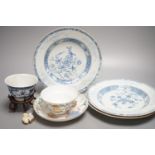 A 19th century Chinese famille rose bowl and saucer, a blue and white tea bowl on stand, a hardstone