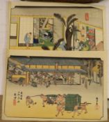 Japanese School, two woodblock prints, Porters carrying nobles and View outside a house, overall