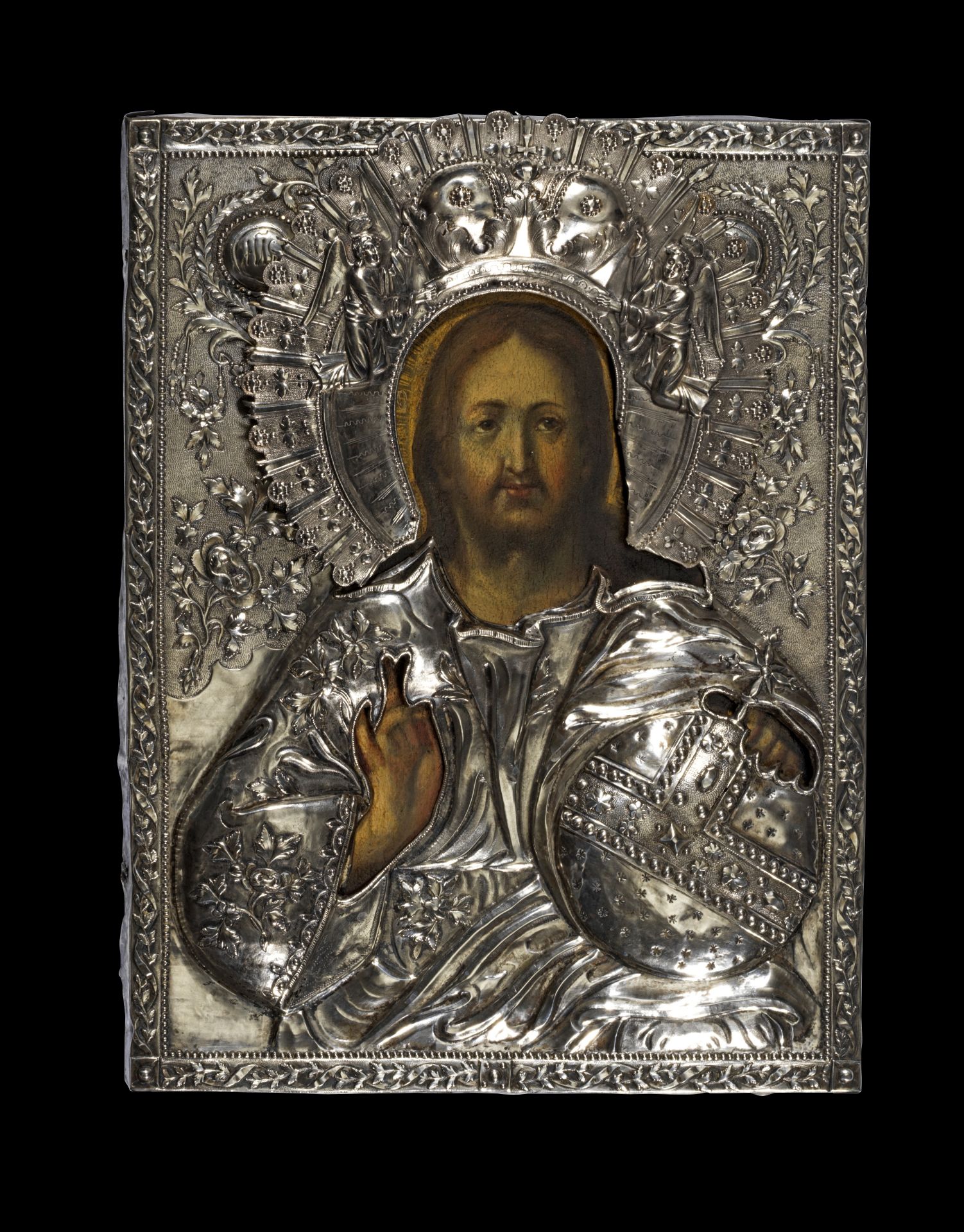 Ikone des Christus Pantokrator mit Silberoklad.