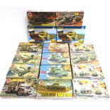 SIXTEEN 1/72 SCALE UNMADE PLASTIC MILITARY VEHICLE KITS by Airfix (11), Hasegawa (3), and Italeri (