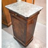 A FRENCH MARBLE TOP POT CUPBOARD with drawer above cupboard on plinth base, 43cm wide 36cm deep 75cm