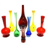 A GROUP OF EIGHT COLOURED GLASS VASES including a pair of amber glass vases 25cm high with paper