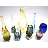 A GROUP OF NINE COLOURED ART GLASS VASES the largest a pale yellow vase 27cm high