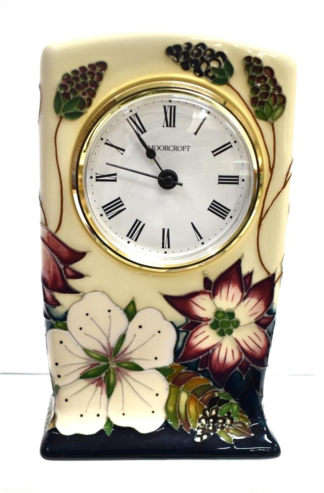 A MOORCROFT POTTERY CLOCK DECORATED IN THE 'BRAMBLE REVISITED' PATTERN designed by Alicia Amison,