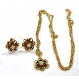 A 9CT GOLD SMALL OPAL AND GARNET CLUSTER PENDANT AND CHAIN With matching stud earrings, the