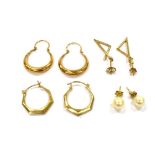 FOUR PAIRS OF 9CT GOLD EARRINGS Of assorted design, comprising drop, creole and pearl stud, total